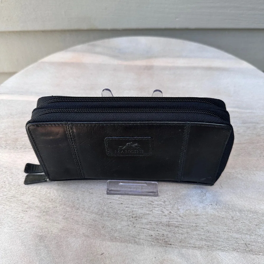 Mancini Black Leather Double Zip Around Accordion Clutch Wallet 7.5x4.25